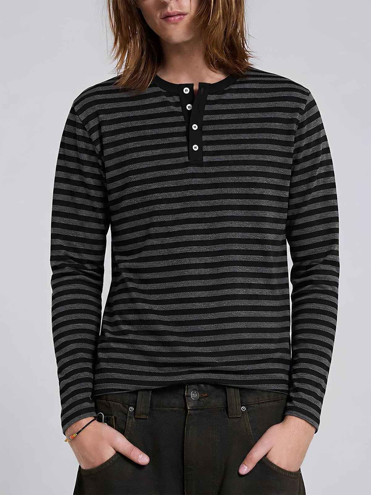 Rs by RebelSeed Black Gray Striped Henley Neck Slim Fit Women&