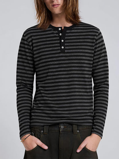 Rs by RebelSeed Black Gray Striped Henley Neck Slim Fit Women&