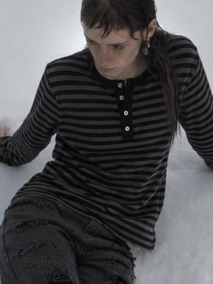 Rs by RebelSeed Black Gray Striped Henley Neck Slim Fit Women&