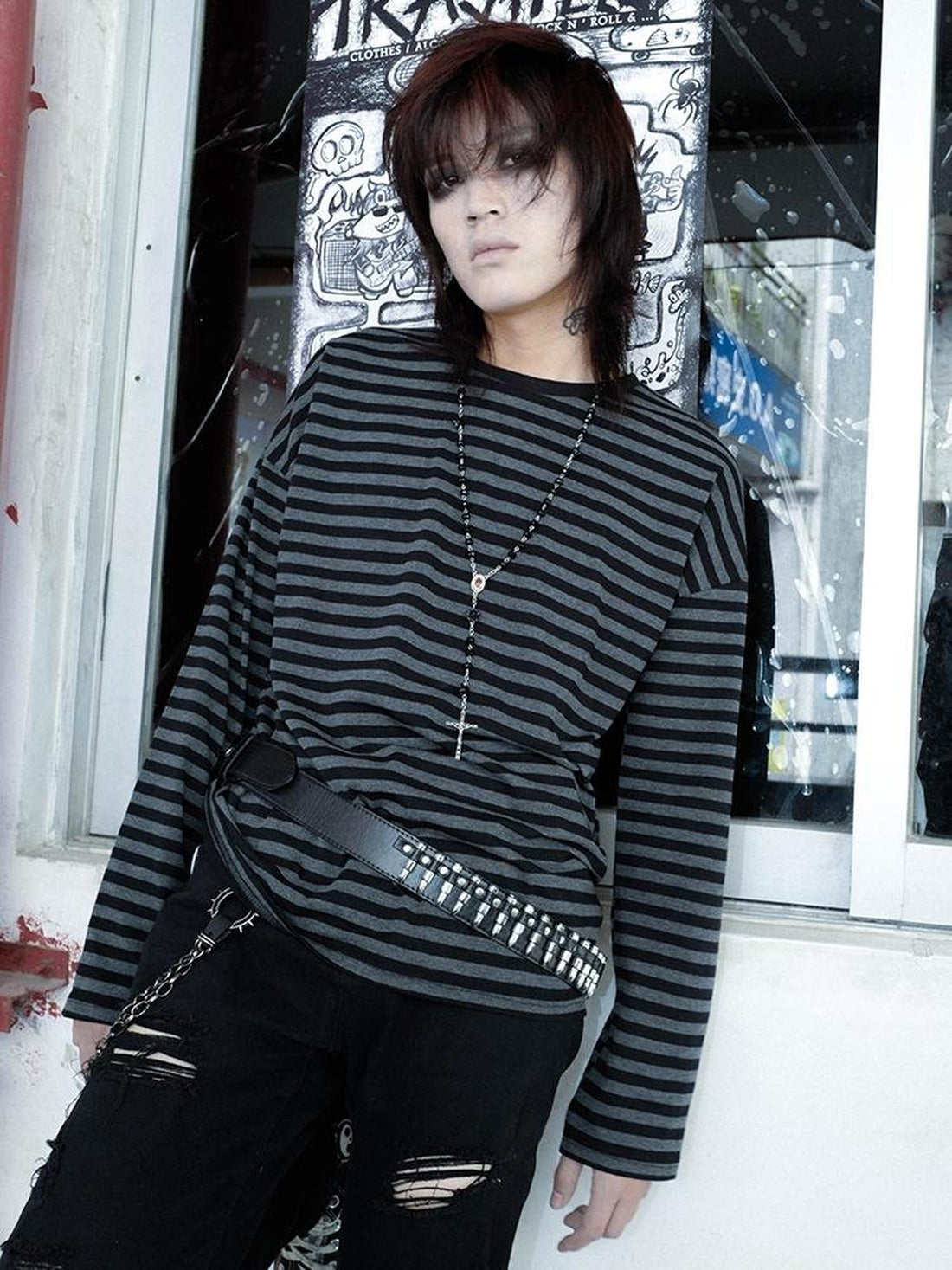 Rs by RebelSeed Black Grey Striped Drop Shoulder Women&