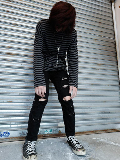 Rs by RebelSeed Black Grey Striped Drop Shoulder Women&