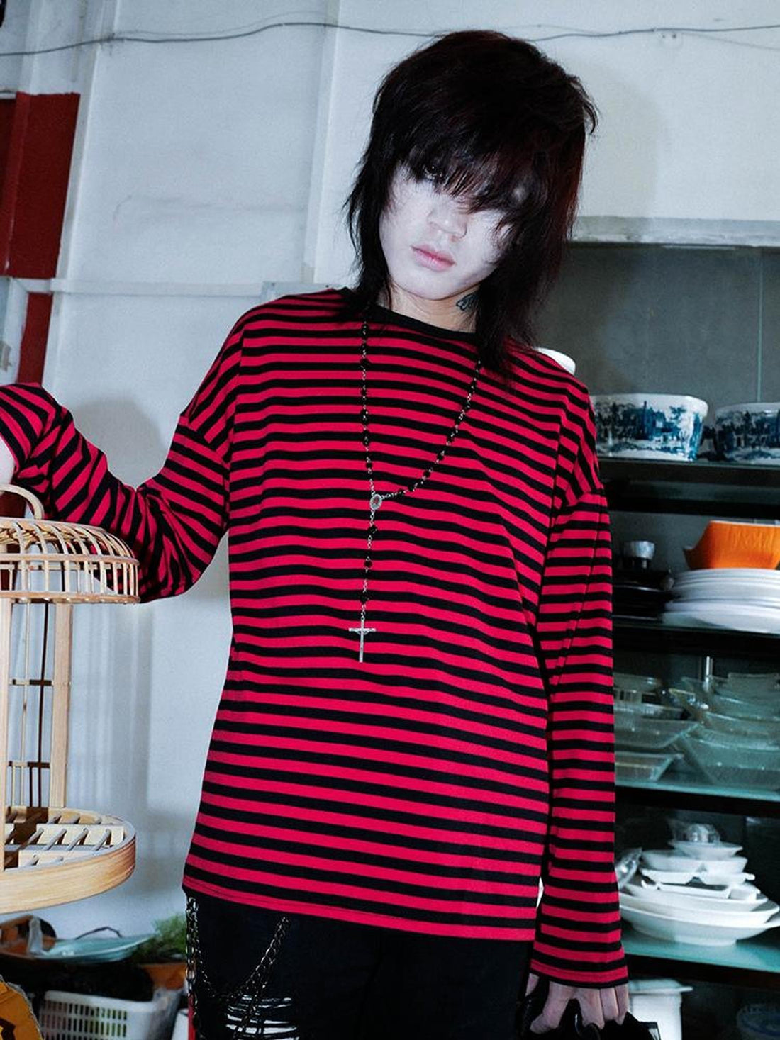 Rs by RebelSeed Black Red Abstract Stripe Drop Shoulder Women&