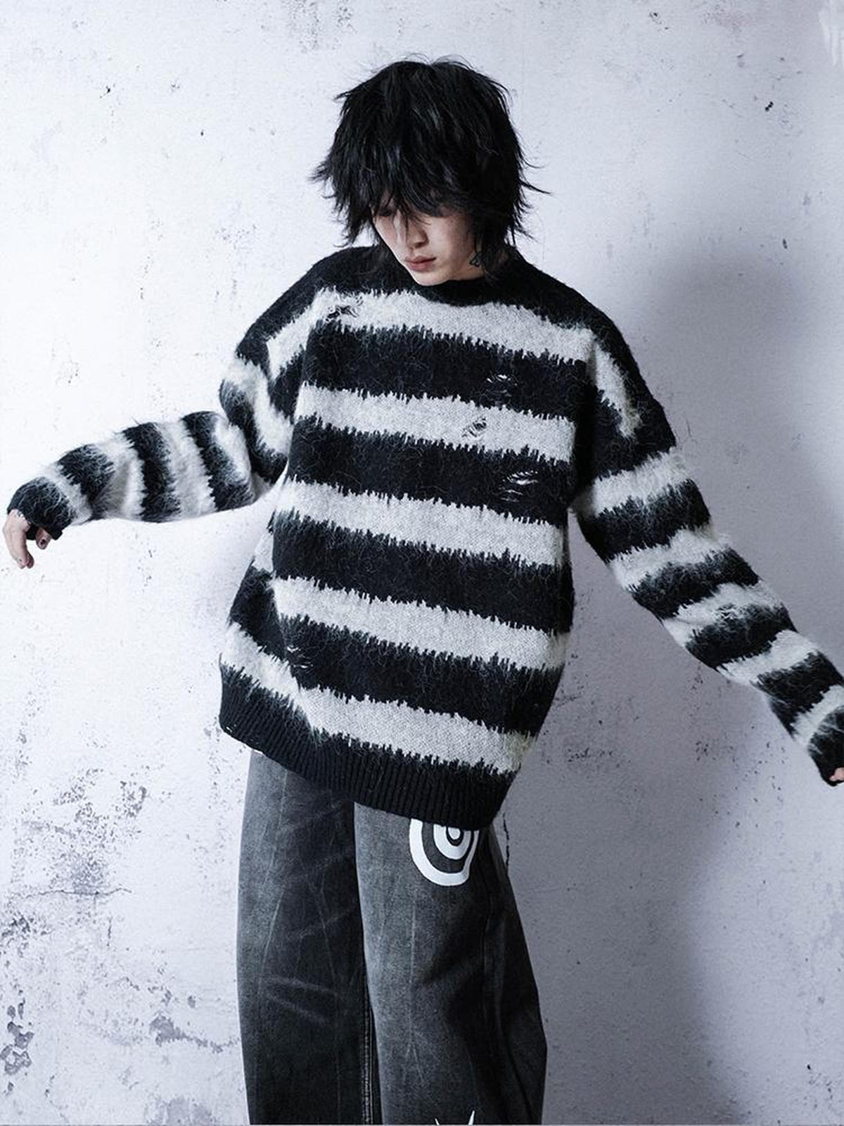 Rs by RebelSeed Black White Striped Colorblock V-neck Drop Shoulder Oversized Women&