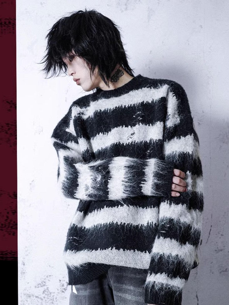 Rs by RebelSeed Black White Striped Colorblock V-neck Drop Shoulder Oversized Women&