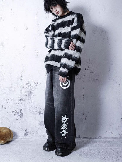 Rs by RebelSeed Black White Striped Colorblock V-neck Drop Shoulder Oversized Women&