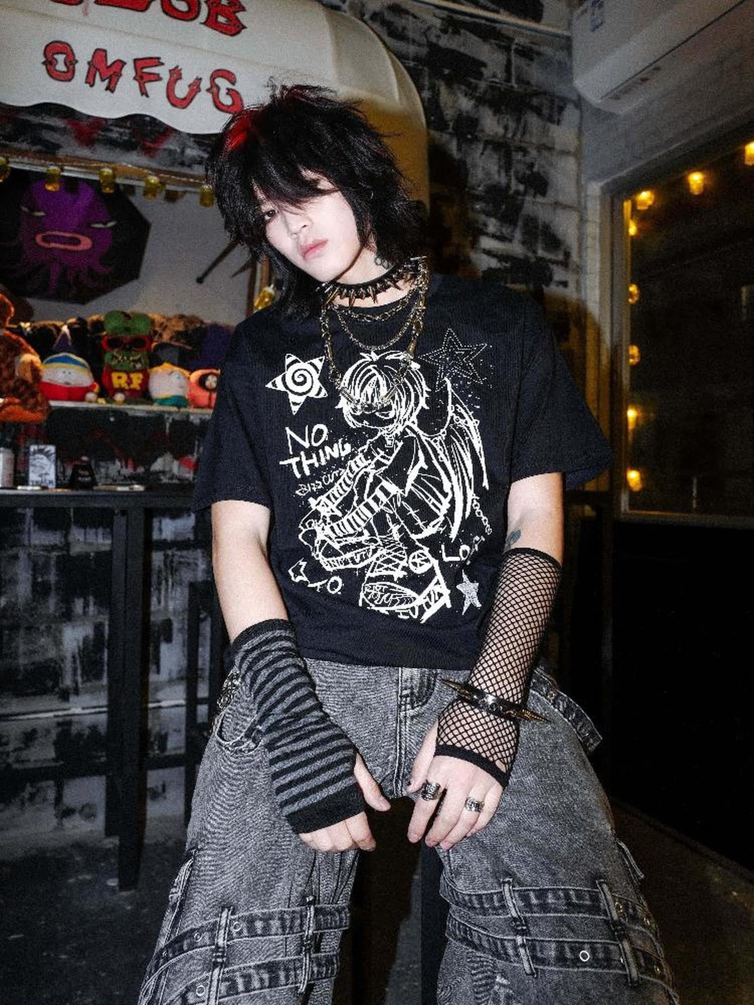 Rs by RebelSeed Cartoon Heat Transfer Print Punk Dropped Shoulder Women&