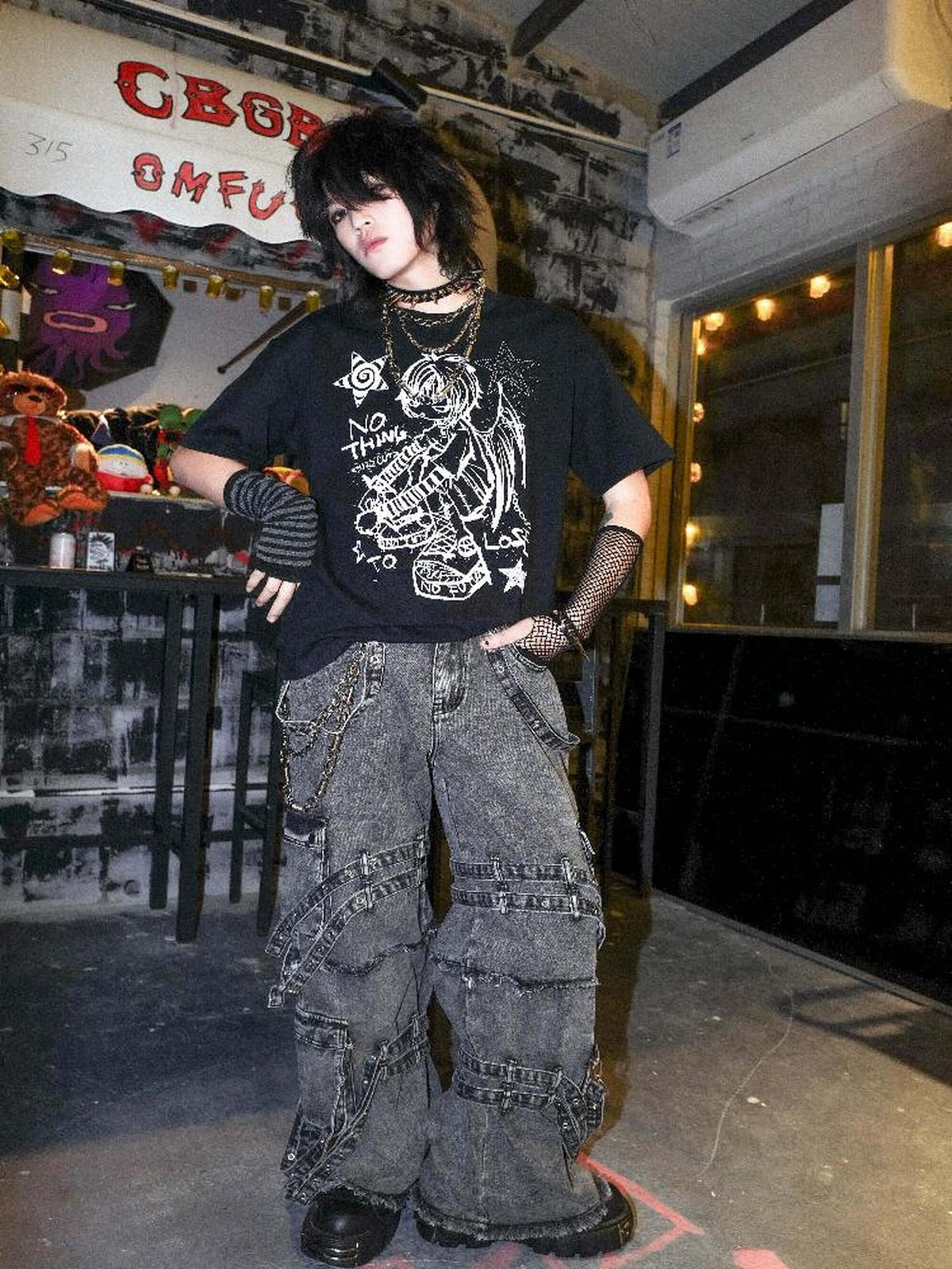 Rs by RebelSeed Cartoon Heat Transfer Print Punk Dropped Shoulder Women&