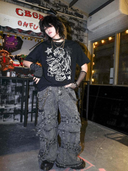 Rs by RebelSeed Cartoon Heat Transfer Print Punk Dropped Shoulder Women&