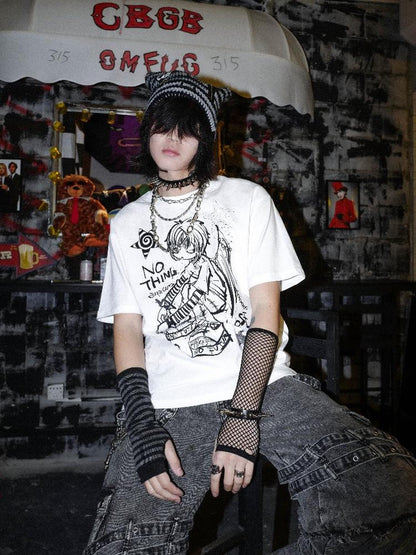 Rs by RebelSeed Cartoon Heat Transfer Print Punk Dropped Shoulder Women&