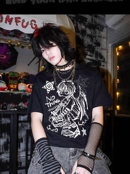 Rs by RebelSeed Cartoon Heat Transfer Print Punk Dropped Shoulder Women&
