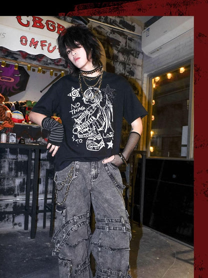 Rs by RebelSeed Cartoon Heat Transfer Print Punk Dropped Shoulder Women&