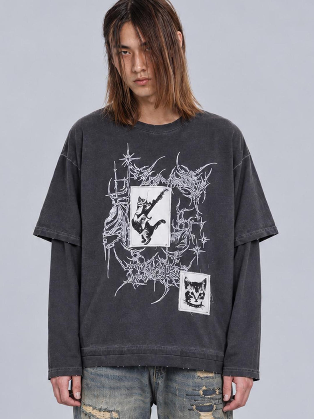 Rs by RebelSeed Cat Metal Grunge Washed Patchwork Women&