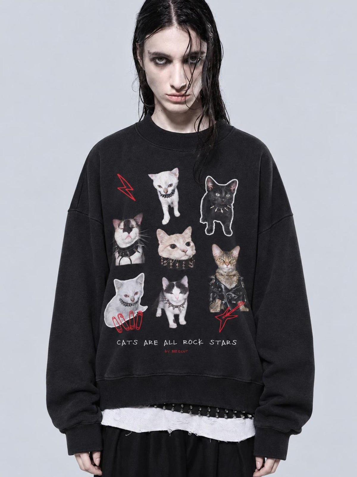Rs by RebelSeed Cat Rock Punk Dark Half Turtleneck Fleece Loose Fit Women&
