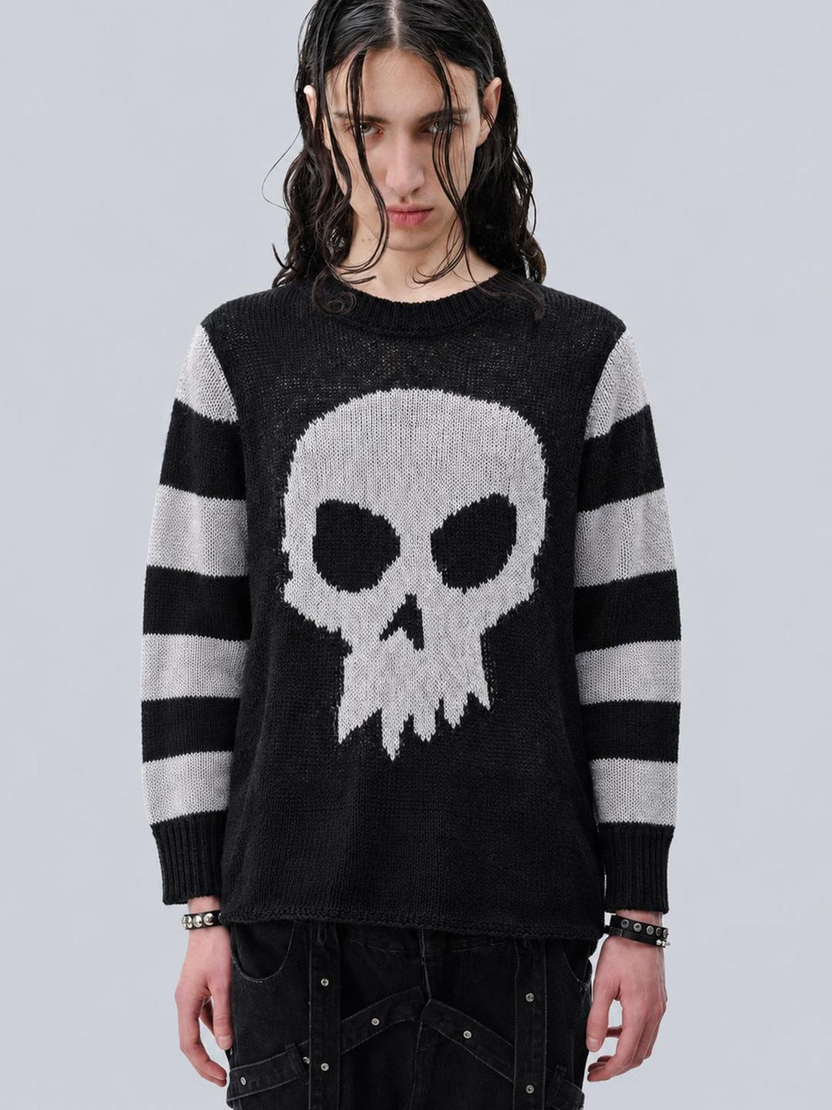 Rs by RebelSeed Dark Gothic Skull Jacquard Striped Knit Women&