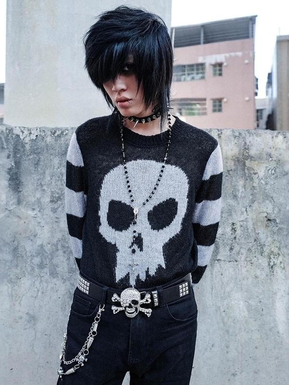 Rs by RebelSeed Dark Gothic Skull Jacquard Striped Knit Women&