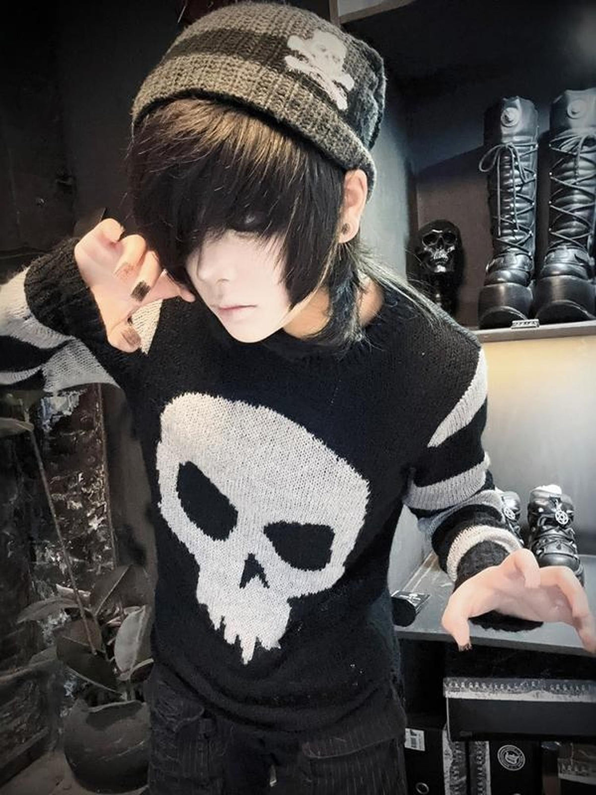 Rs by RebelSeed Dark Gothic Skull Jacquard Striped Knit Women&