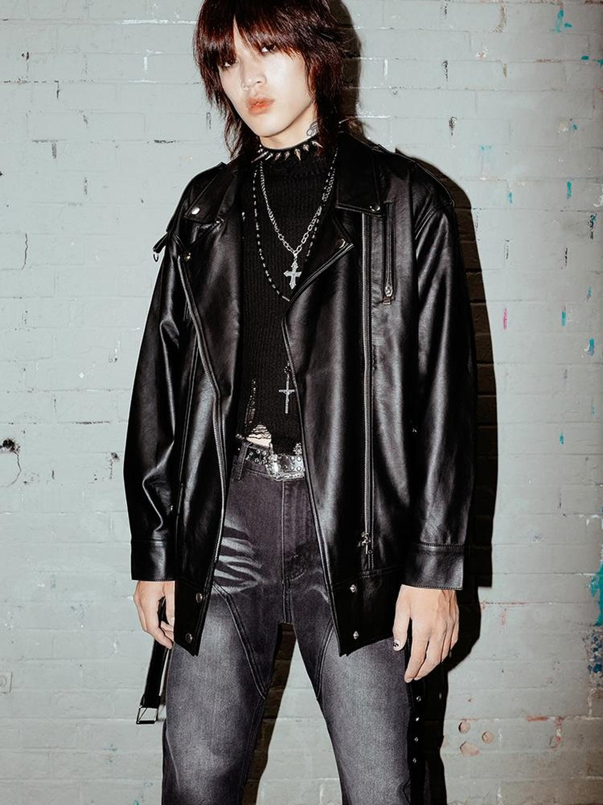 Rs by RebelSeed Dark Punk Rock Oversized Biker Pointed Collar Mid Length Women&