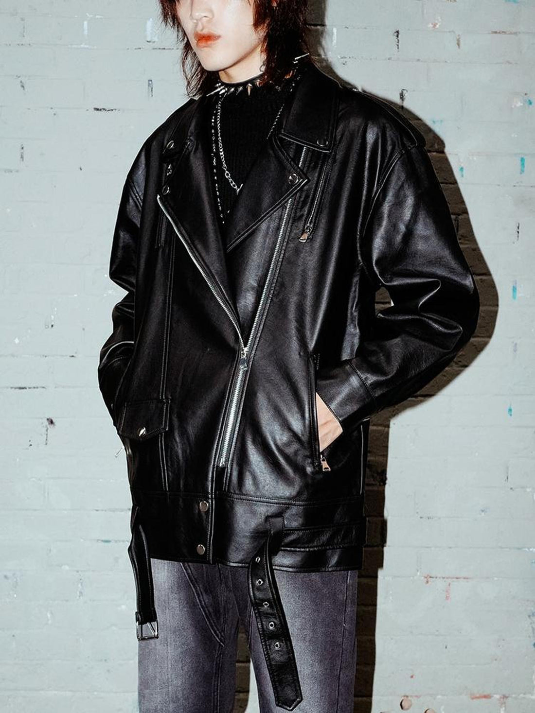 Rs by RebelSeed Dark Punk Rock Oversized Biker Pointed Collar Mid Length Women&