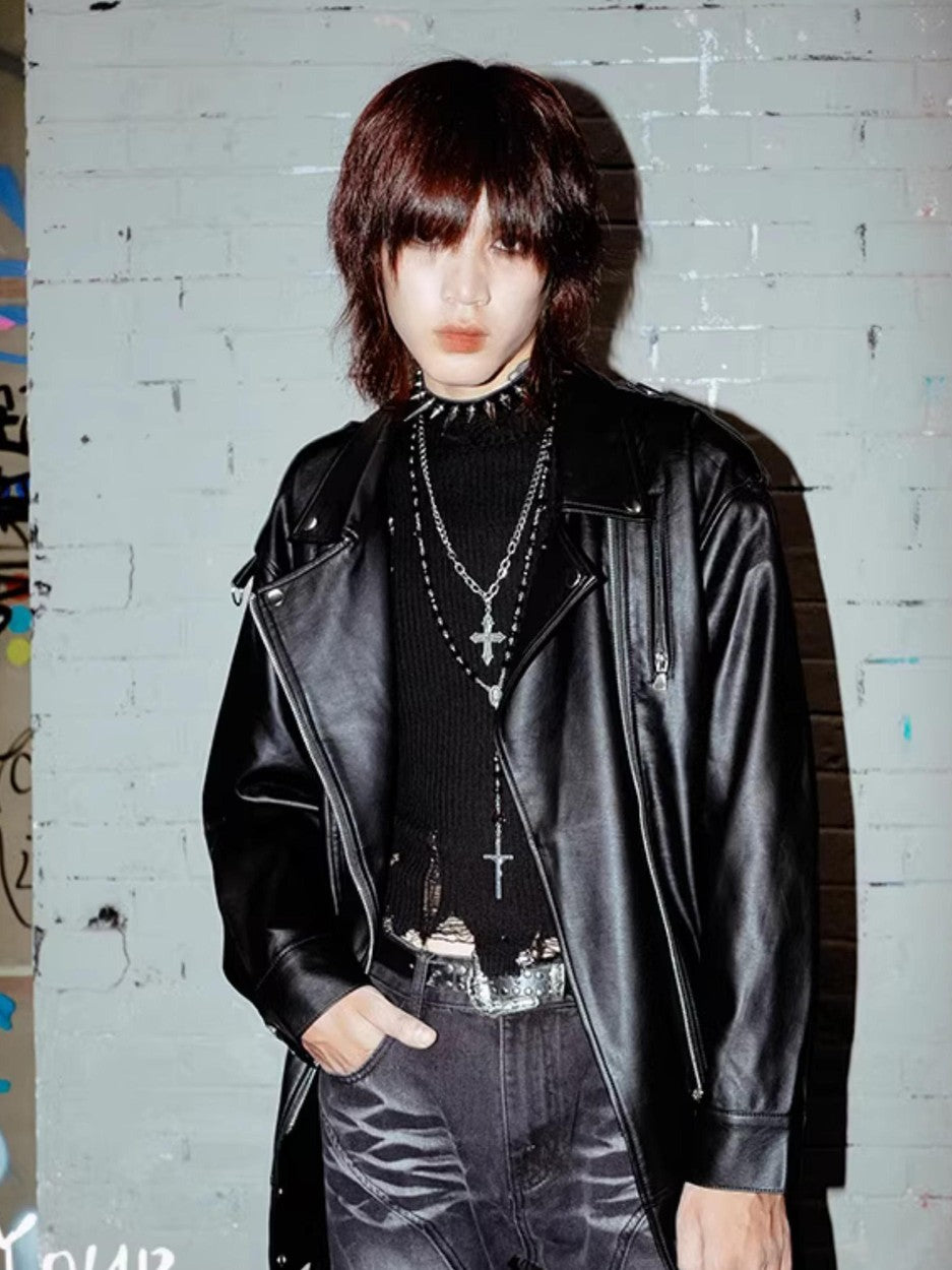 Rs by RebelSeed Dark Punk Rock Oversized Biker Pointed Collar Mid Length Women&