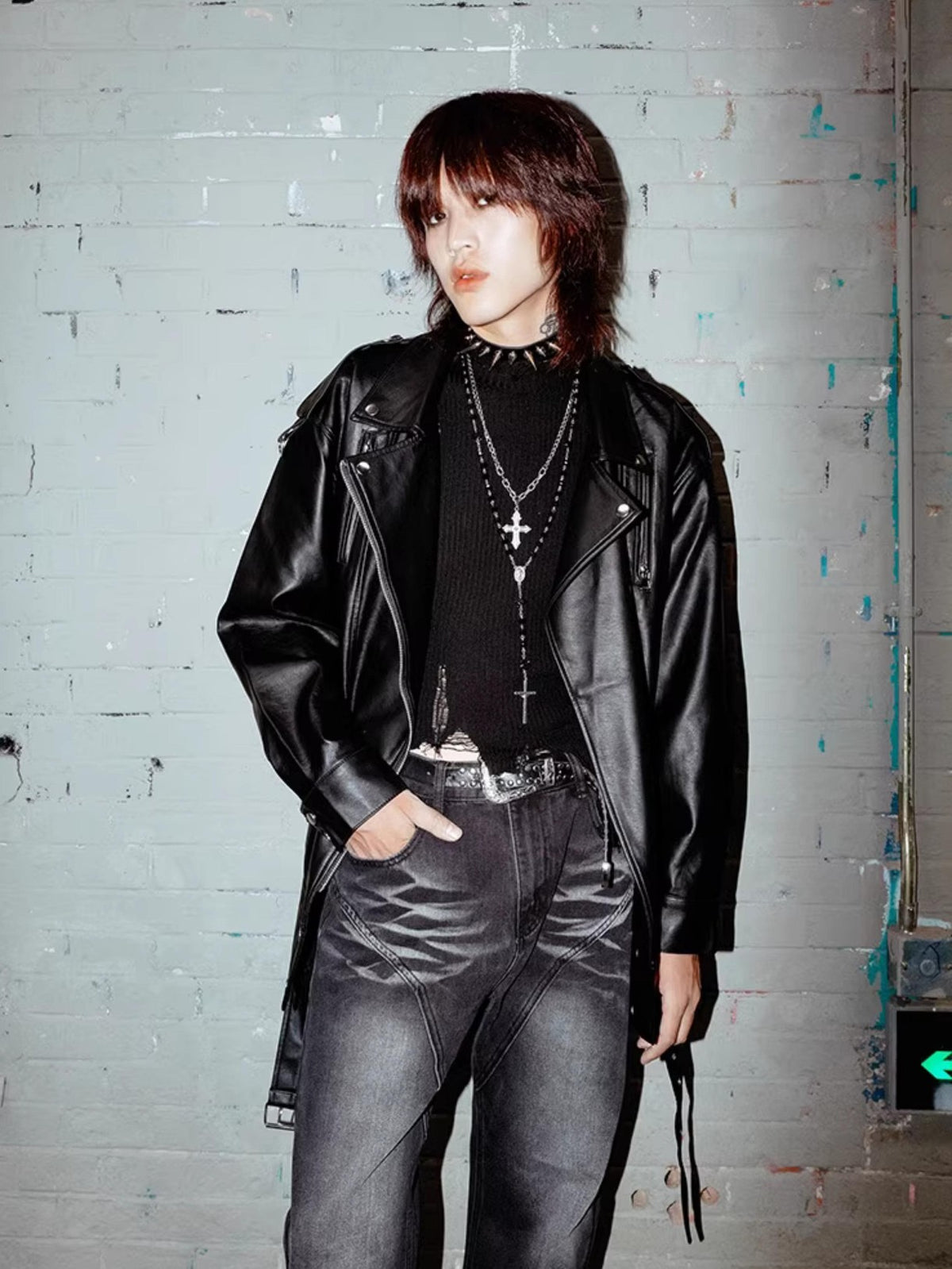 Rs by RebelSeed Dark Punk Rock Oversized Biker Pointed Collar Mid Length Women&