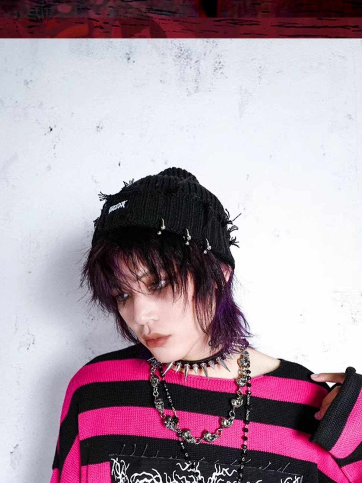 Rs by RebelSeed Dark Punk Studs Perforated Badge Stitch Rolled Brim Women&