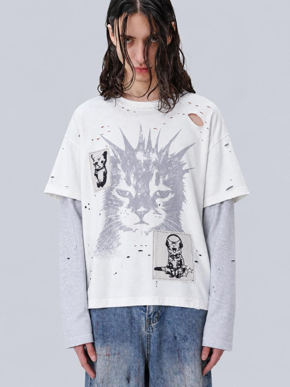 Rs by RebelSeed Distressed Cat Digital Print Remake Grunge Women&