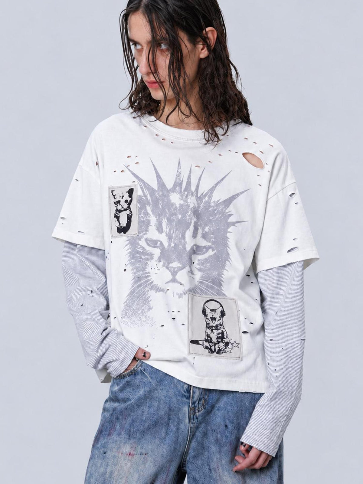 Rs by RebelSeed Distressed Cat Digital Print Remake Grunge Women&