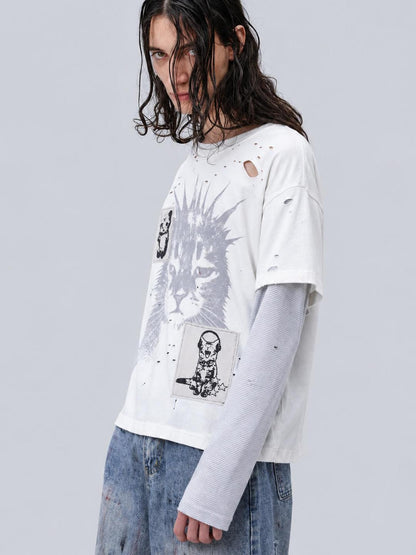 Rs by RebelSeed Distressed Cat Digital Print Remake Grunge Women&