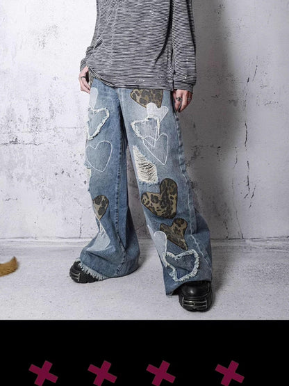 Rs by RebelSeed Embroidered Heart Leopard Print Ripped Washed Women&