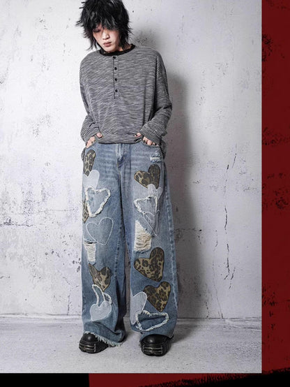 Rs by RebelSeed Embroidered Heart Leopard Print Ripped Washed Women&