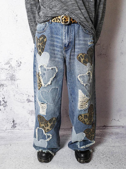 Rs by RebelSeed Embroidered Heart Leopard Print Ripped Washed Women&