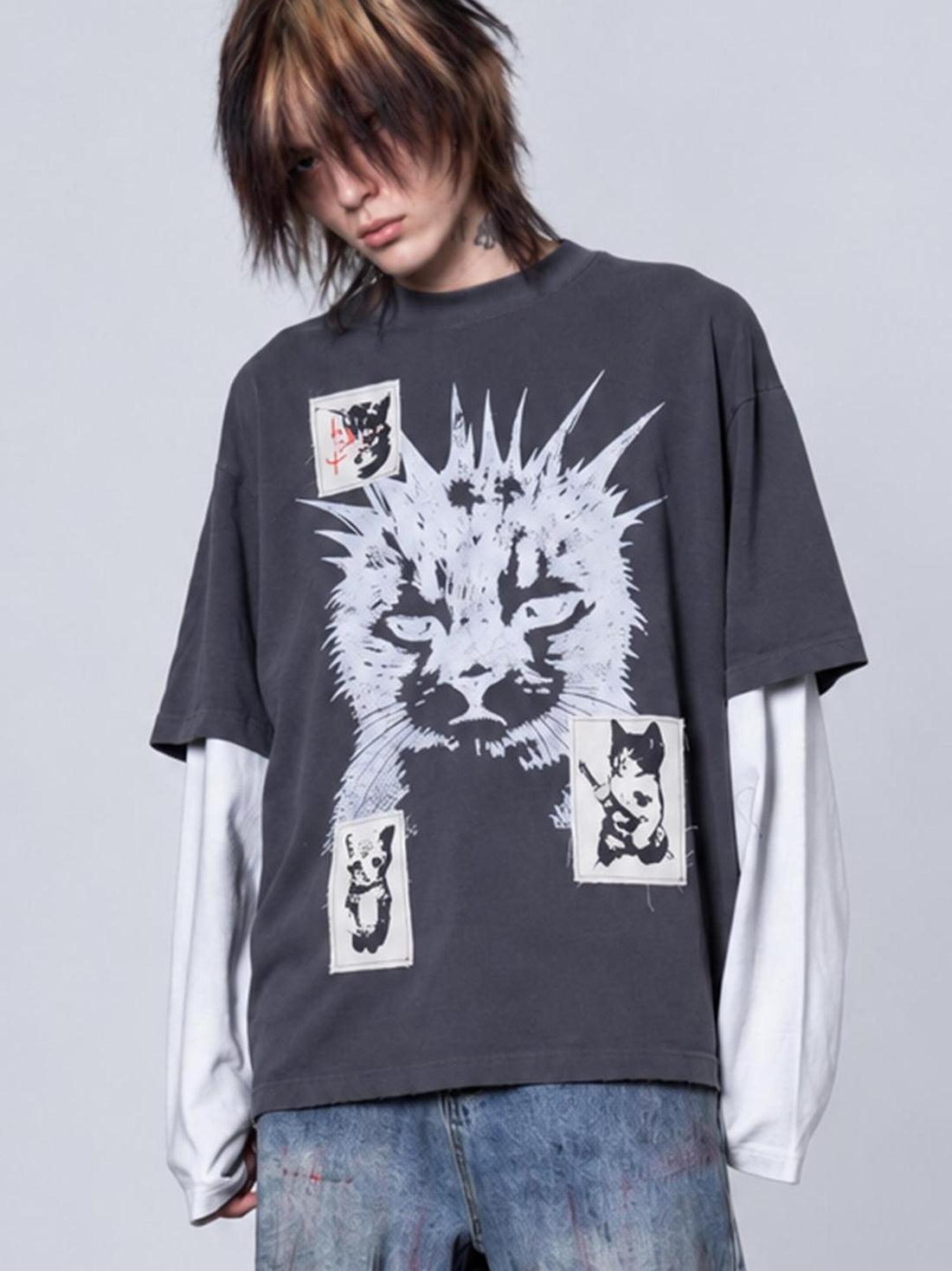 Rs by RebelSeed Grunge Distressed Cat Print Patchwork Loose Fit Women&