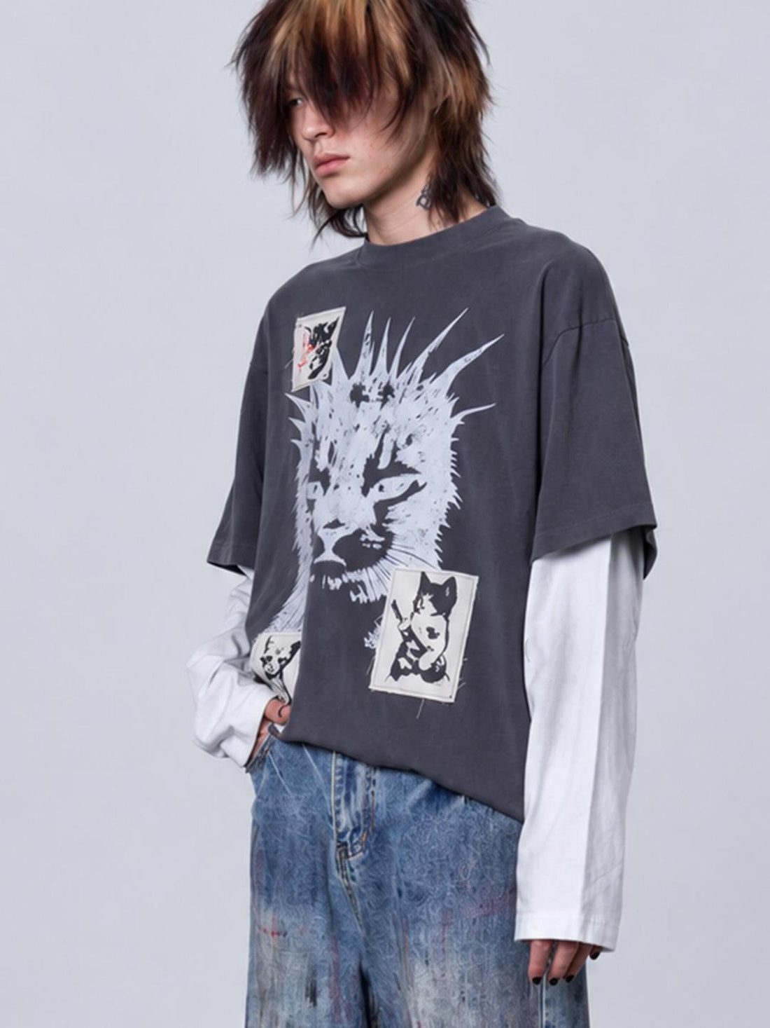 Rs by RebelSeed Grunge Distressed Cat Print Patchwork Loose Fit Women&