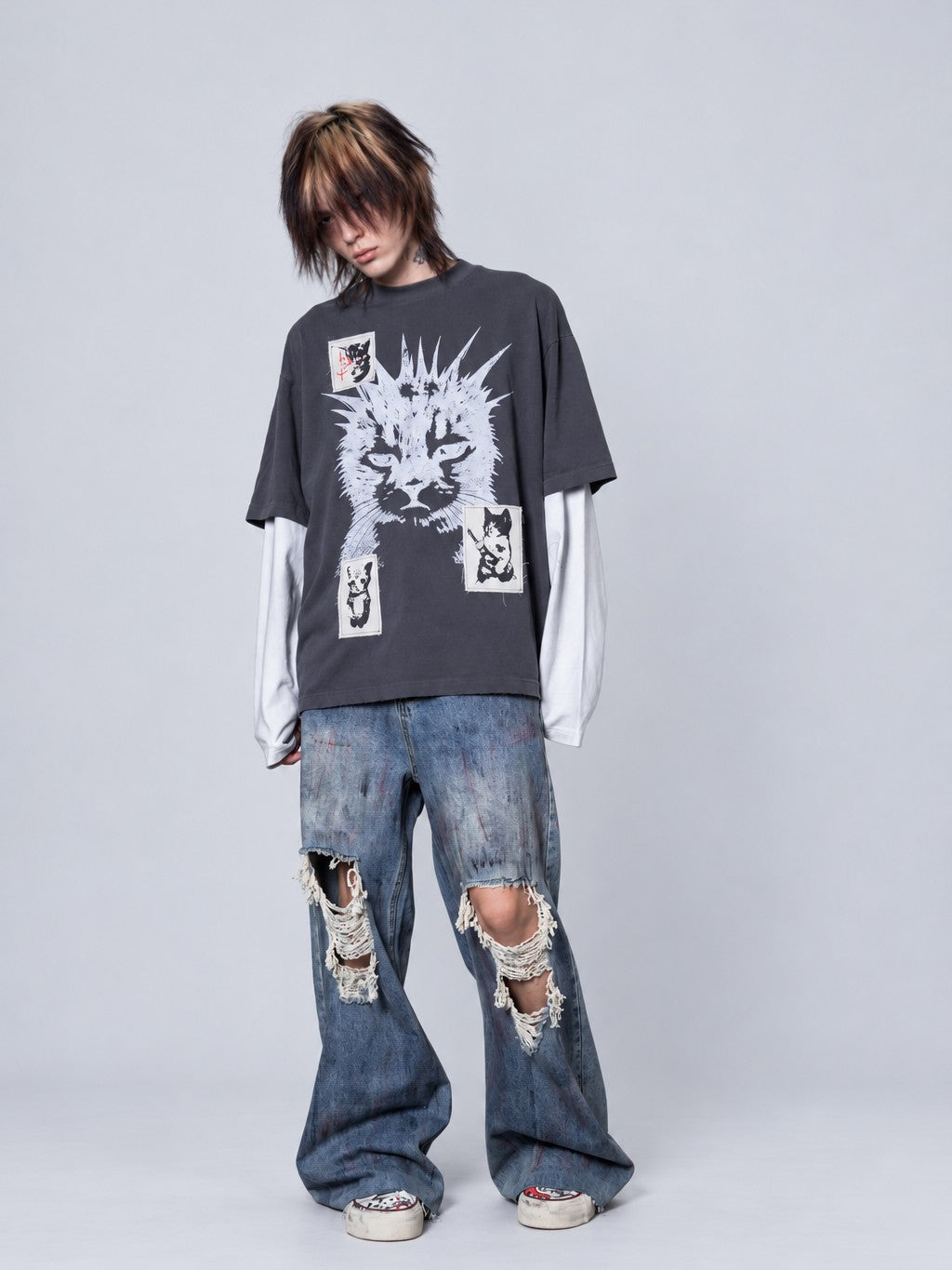 Rs by RebelSeed Grunge Distressed Cat Print Patchwork Loose Fit Women&