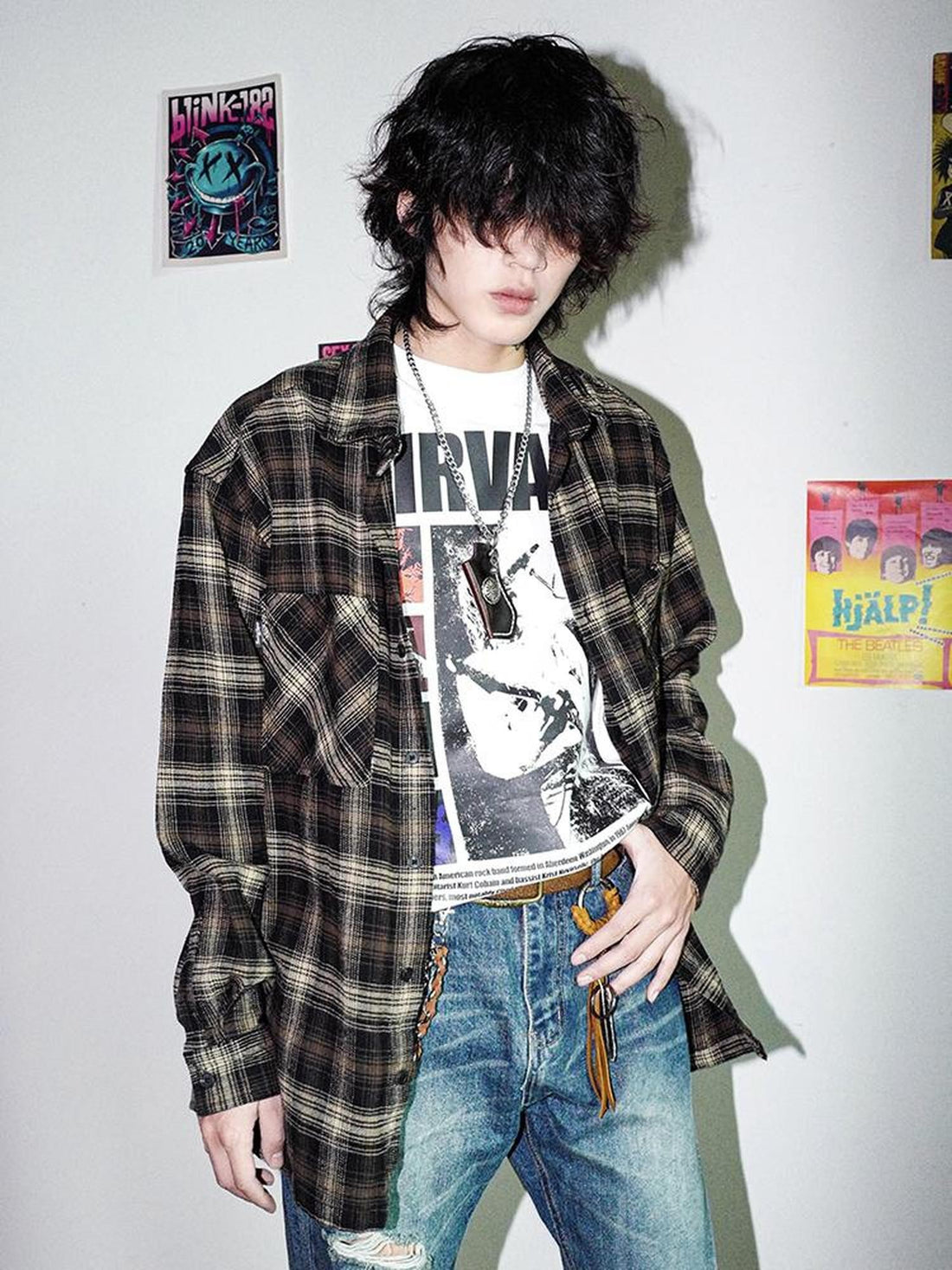 Rs by RebelSeed Grunge Plaid Topstitching Turn Down Collar Women&