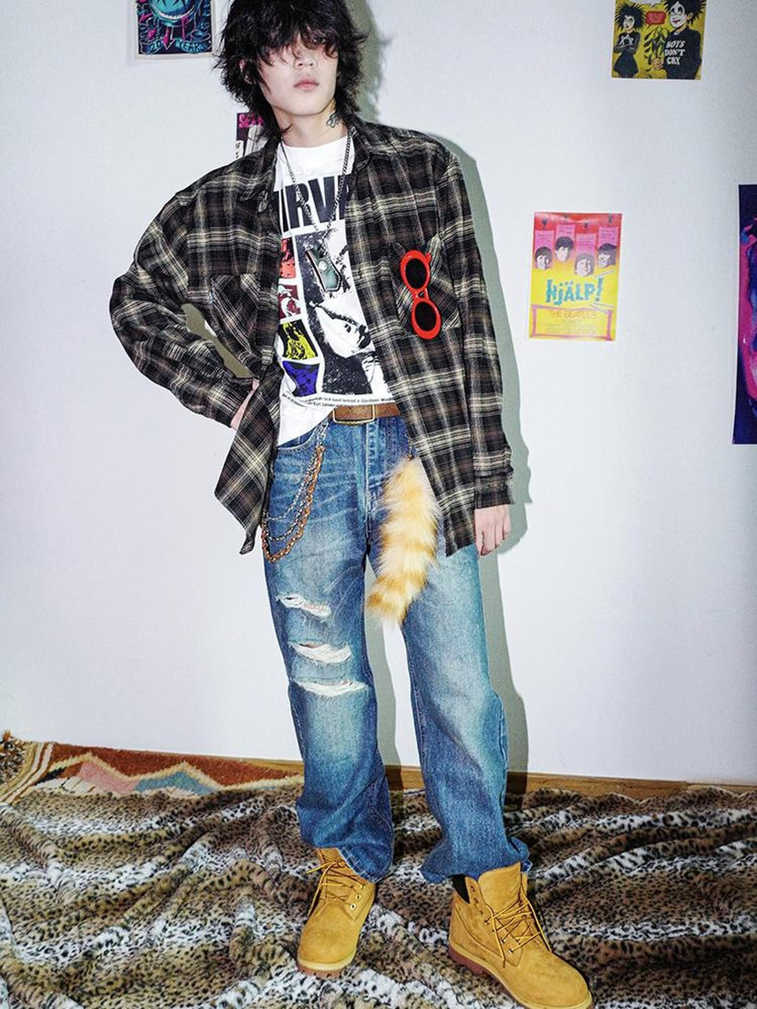 Rs by RebelSeed Grunge Plaid Topstitching Turn Down Collar Women&