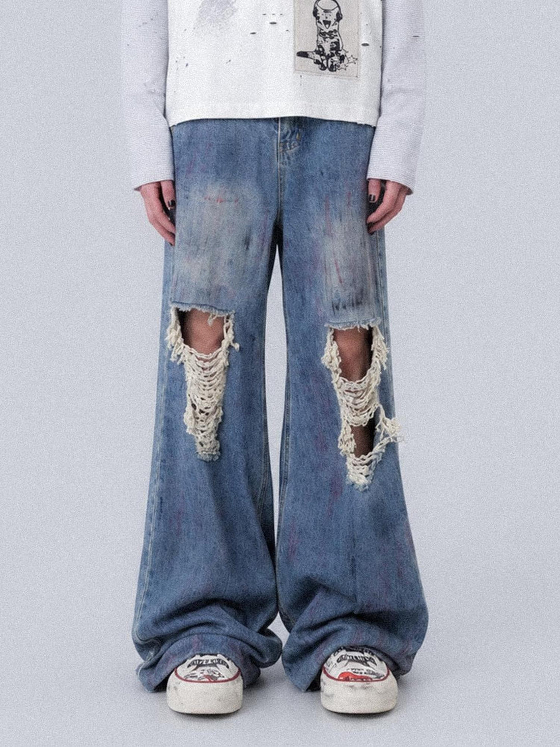 Rs by RebelSeed Grunge Rock Handpainted Distressed Frayed Wide Leg Women&