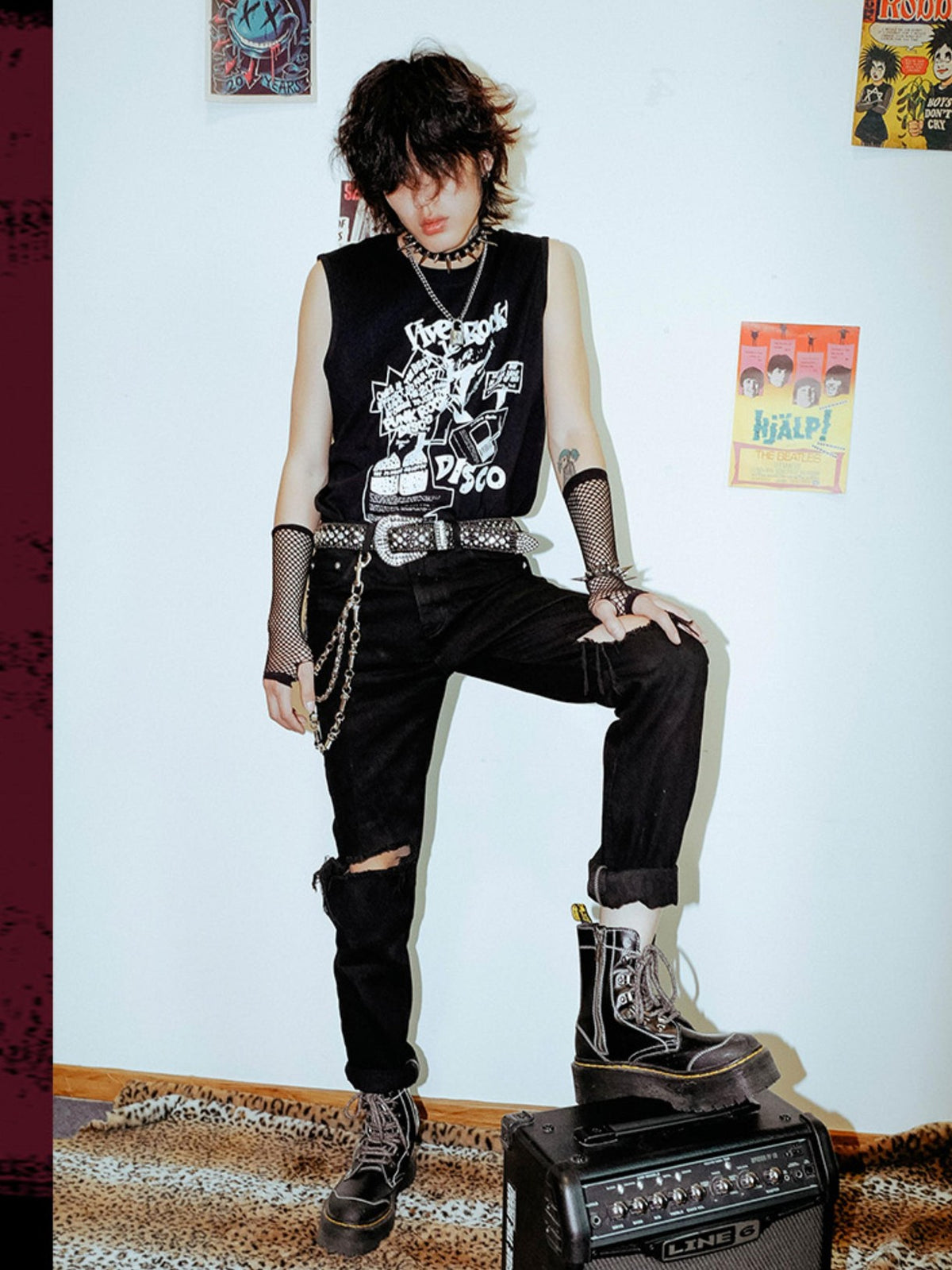 Rs by RebelSeed Punk Character Printed Distressed Loose Fit Crew Neck Women&
