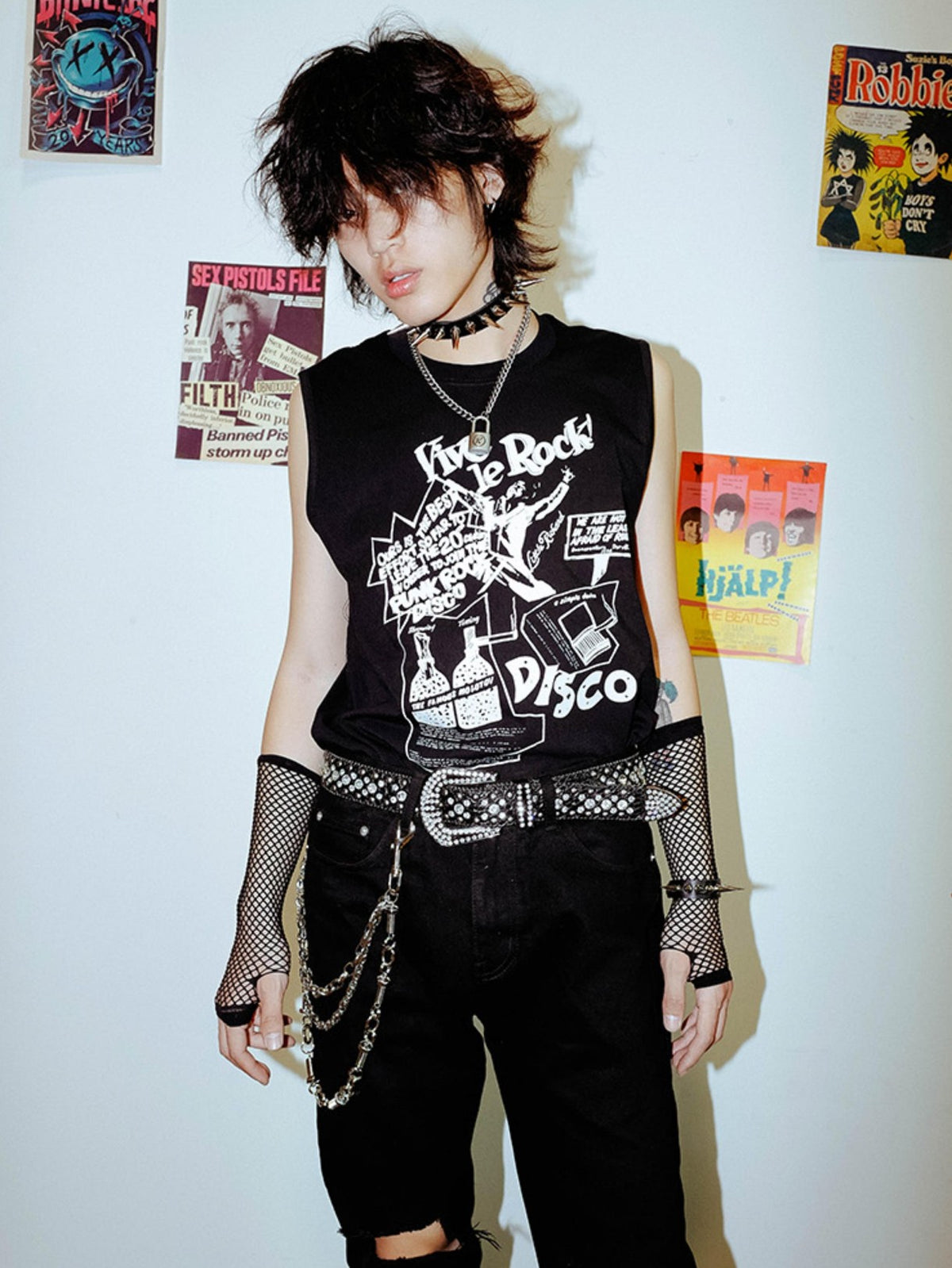 Rs by RebelSeed Punk Character Printed Distressed Loose Fit Crew Neck Women&