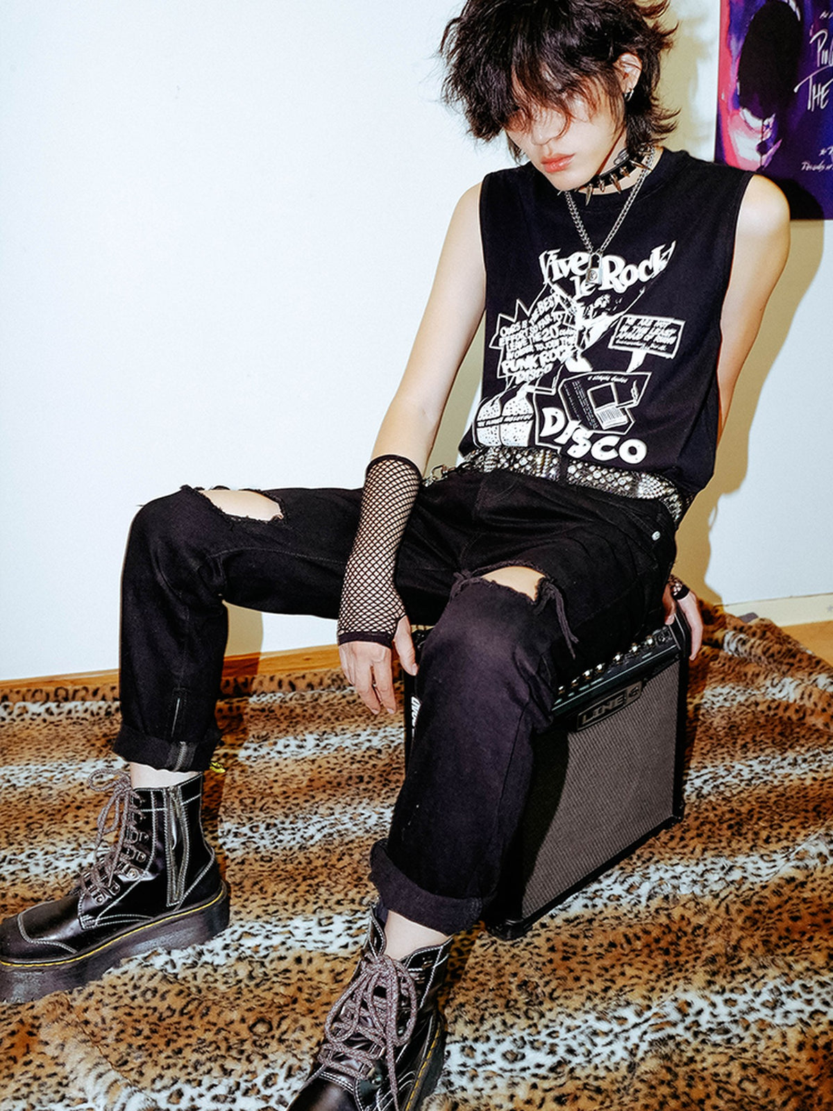 Rs by RebelSeed Punk Character Printed Distressed Loose Fit Crew Neck Women&