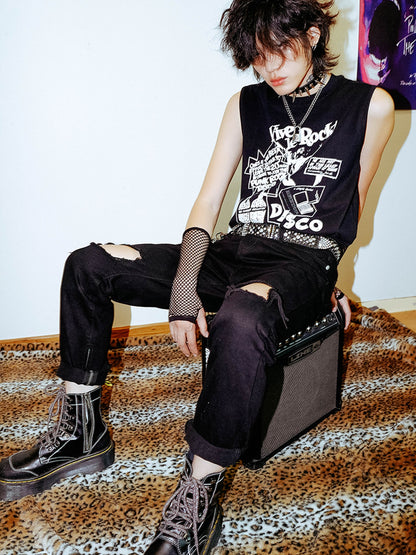Rs by RebelSeed Punk Character Printed Distressed Loose Fit Crew Neck Women&