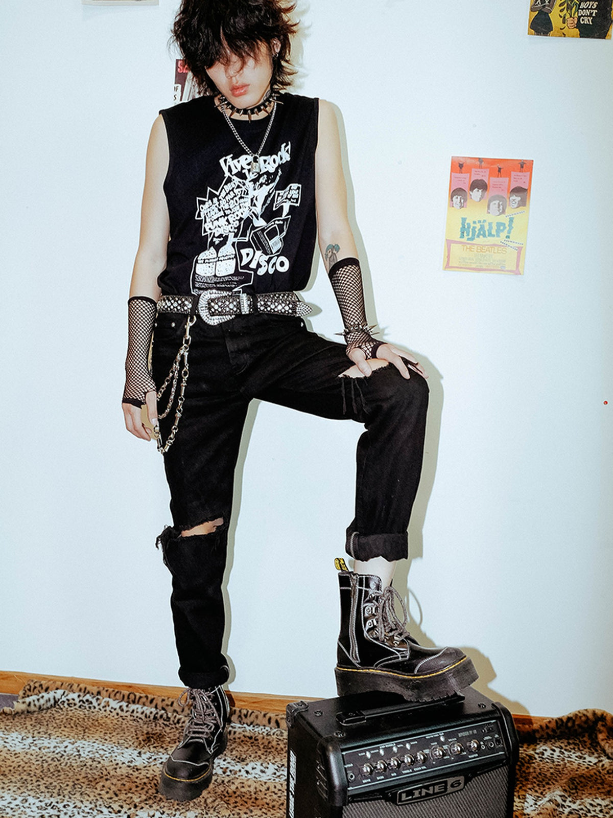 Rs by RebelSeed Punk Character Printed Distressed Loose Fit Crew Neck Women&