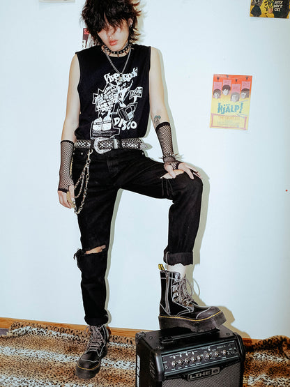Rs by RebelSeed Punk Character Printed Distressed Loose Fit Crew Neck Women&