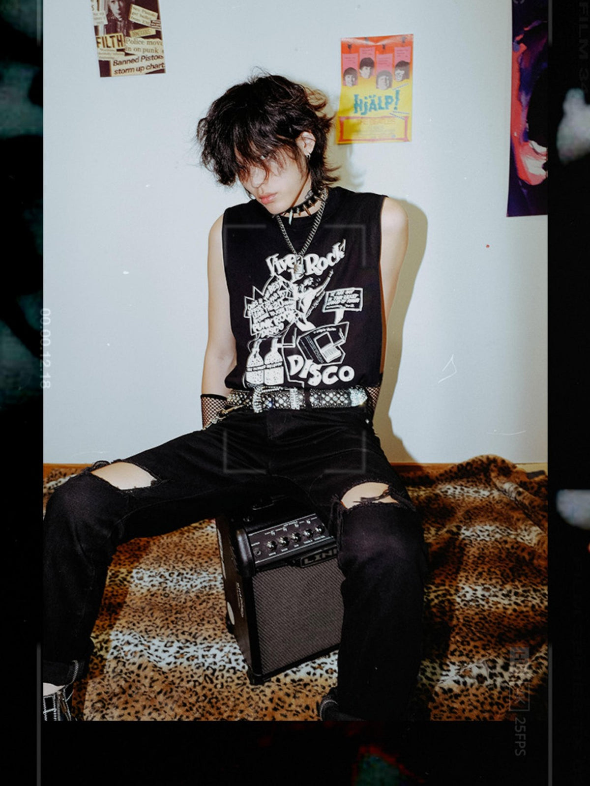 Rs by RebelSeed Punk Character Printed Distressed Loose Fit Crew Neck Women&