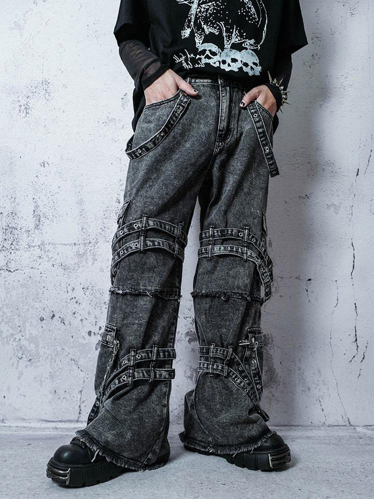Rs by RebelSeed Punk Embroidered Studded Strap Multi Pocket Ripped Women&