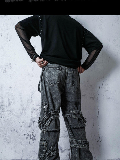 Rs by RebelSeed Punk Embroidered Studded Strap Multi Pocket Ripped Women&