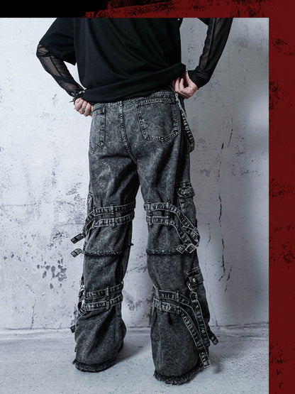Rs by RebelSeed Punk Embroidered Studded Strap Multi Pocket Ripped Women&