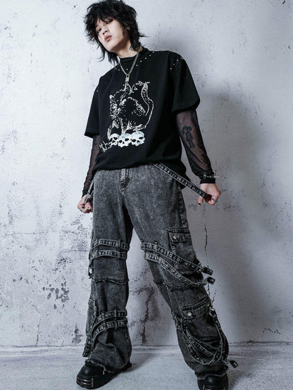 Rs by RebelSeed Punk Embroidered Studded Strap Multi Pocket Ripped Women&
