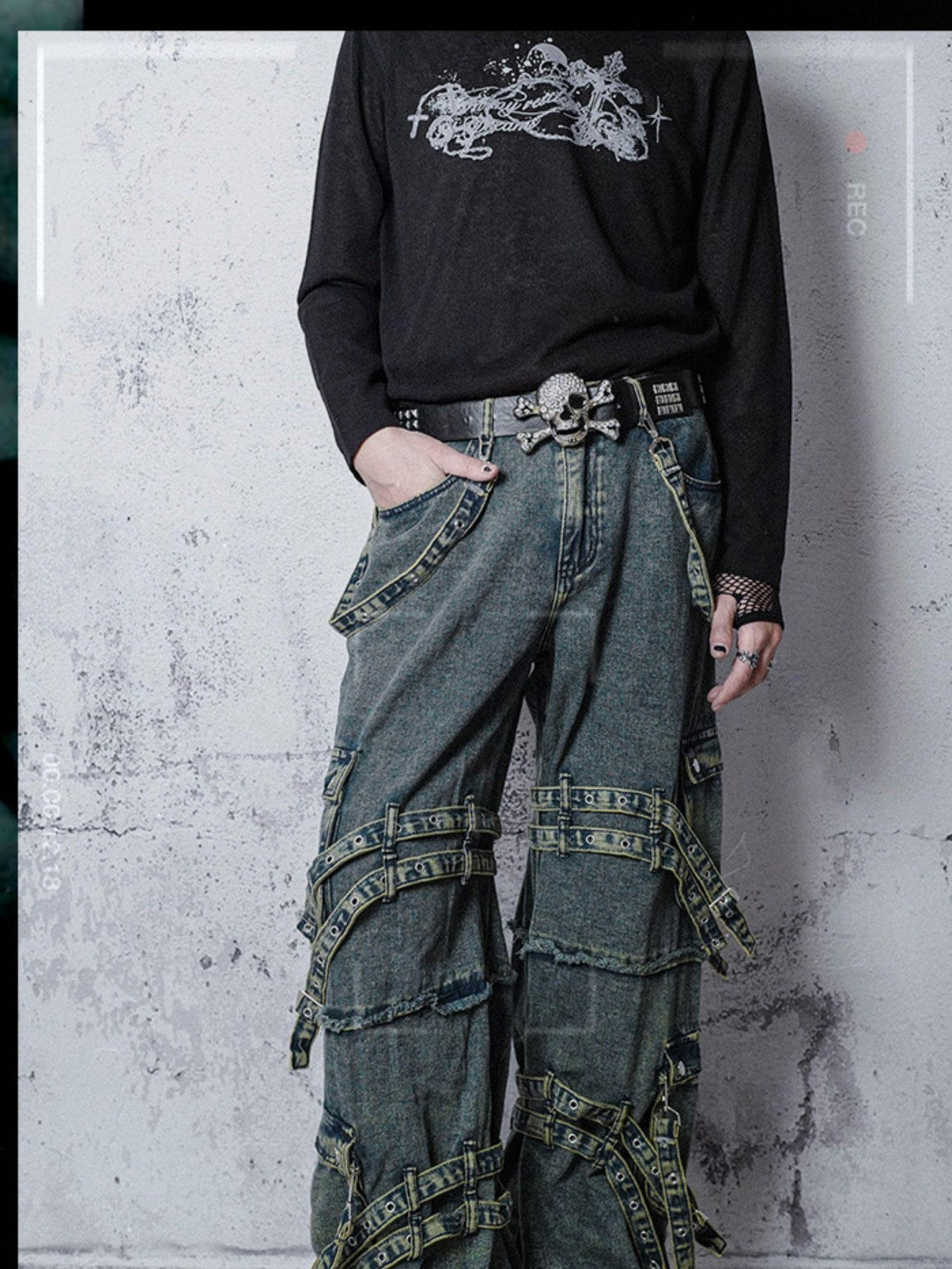Rs by RebelSeed Punk Embroidered Studded Strap Multi Pocket Ripped Women&