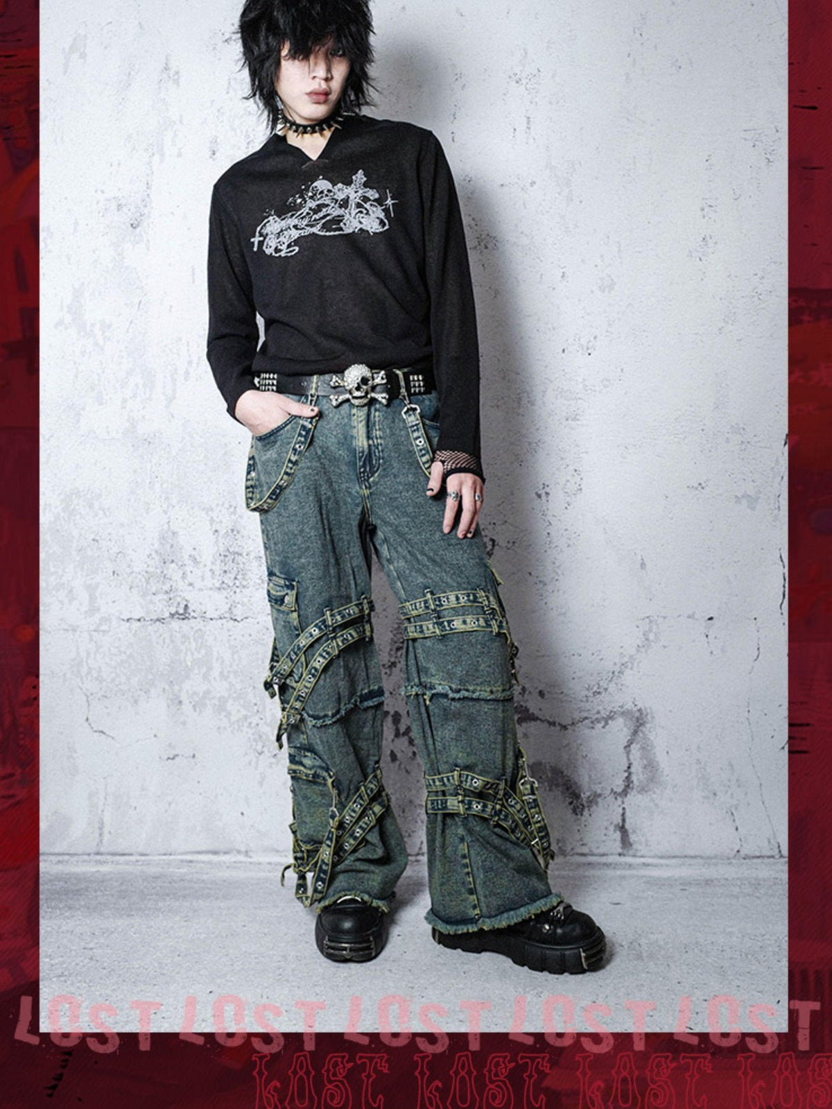 Rs by RebelSeed Punk Embroidered Studded Strap Multi Pocket Ripped Women&